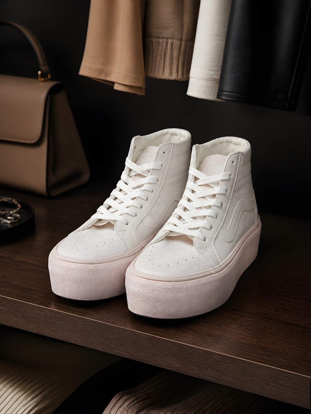 Vans Sk8-Hi Tapered Stackform shoes, Suede Shell or  Egret Beige / Pink colorway - Picture 3 of 12